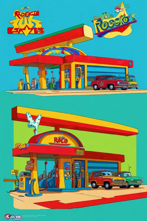 (gas station in the style of Rocko's modern life:1.3), cars, gas pumps, wacky, whimsical, exaggerated proportions, (flat shading:1.2)