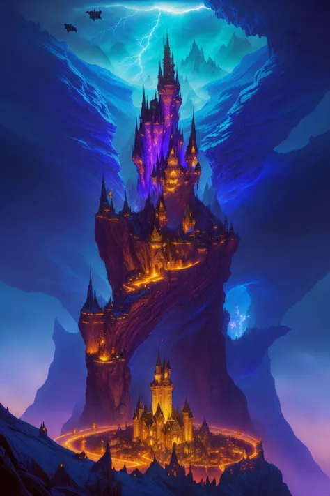 an unfathomably incomprehensibly large magical castle on top of a mountain peak, swirls of geometric light and magic, bats, night, lightning, unfathomable geometry, duncan fegredo, patrick woodroffe, fantasy art, (highly detailed)