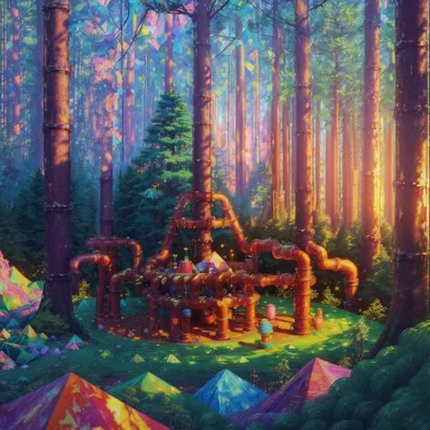 landscape of a (dense forest in shangri la, trees made out of metal pipes and candy, geometric figures, polygons:1.3), (vaporwave oil painting:1.3) dreamy glow, extraterrestrial, (bokeh:1.2), dof, (Realistic, realism, hd, 35mm photograph, 8k)