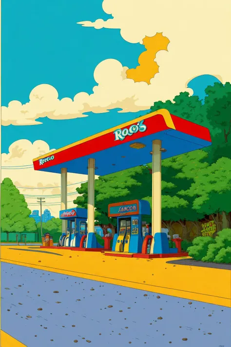 (gas station in the style of Rocko's modern life:1.3), cars, gas pumps, wacky, whimsical, exaggerated proportions, (flat shading:1.2)