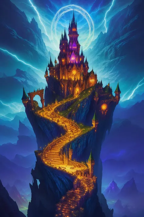 an unfathomably incomprehensibly large magical castle on top of a mountain peak, swirls of geometric light and magic, bats, night, lightning, unfathomable geometry, duncan fegredo, patrick woodroffe, fantasy art, (highly detailed)