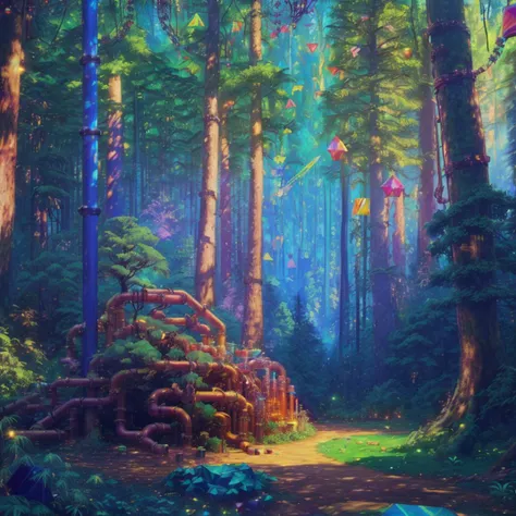 landscape of a (dense forest in shangri la, trees made out of metal pipes and candy, geometric figures, polygons:1.3), (vaporwave oil painting:1.3) dreamy glow, extraterrestrial, (bokeh:1.2), dof, (Realistic, realism, hd, 35mm photograph, 8k)