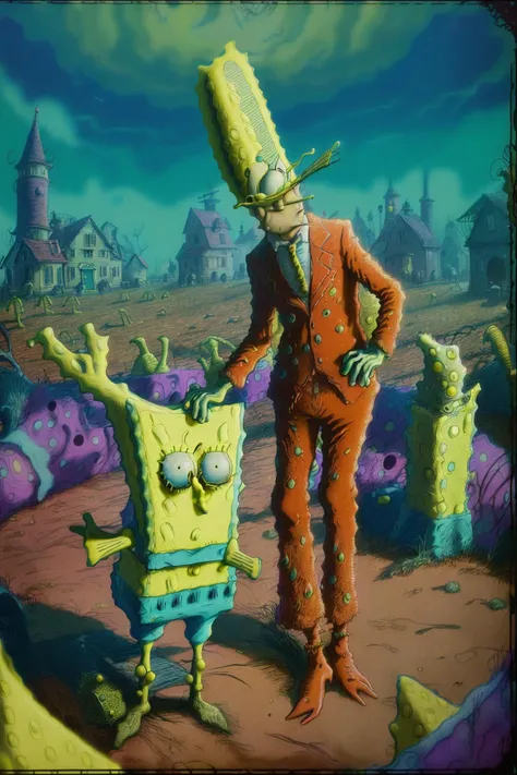 full body (RAW photo, film grain, (cinestill 800) of (spongebob):1.4), (farm at dusk:1.2), detailed, lifelike, real, (tim burton, tex avery, dr. seuss, style of spongebob squarepants, style of bloodborne:1.4)