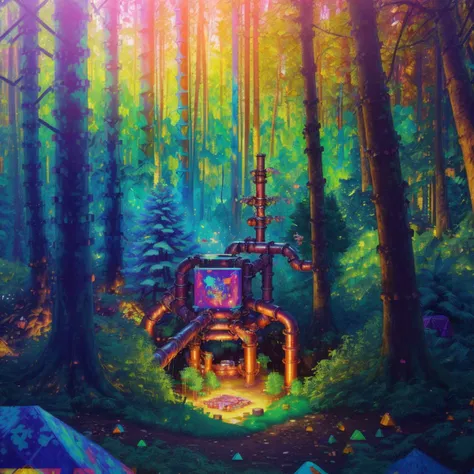 landscape of a (dense forest in shangri la, trees made out of metal pipes and candy, geometric figures, polygons:1.3), (vaporwave oil painting:1.3) dreamy glow, extraterrestrial, (bokeh:1.2), dof, (Realistic, realism, hd, 35mm photograph, 8k)