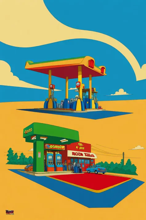 (gas station in the style of Rocko's modern life:1.3), cars, gas pumps, wacky, whimsical, exaggerated proportions, (flat shading:1.2)