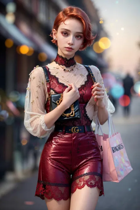 a girl ,vogue, prada, versace, glamourous, fashion world, fashion, magazine shoot, dreamy glow, extraterrestrial, (red lace kitsch outfit), sunlight, (pastel,cotton dof),Short auburn pixie with undercut hairstyle,Holding a shopping bag pose,(bokeh:1.35), dof, Realistic, realism, hd, 35mm photograph, 8k