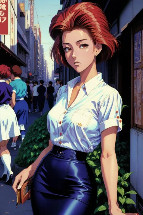 ([(attractive gorgeous pinup:1.2), [1girl::0.1], ((white button up, pencil skirt), masterpiece, magnificent, beautiful:1.2), ([hyperrealistic|(1990s anime)], best quality:1.5), crowded city street at dusk, masterpiece, absurdres, best quality, magnificent, awe-inspiring, sharp contrast, texture, clutter and stuff::0.7]) [(photorealistic:1.3), cinematic lighting,(high detailed skin:1.2),([hyperrealistic|(1990s anime):1.4)]:0.7] (kawase hasui, basil gogos:1.3)