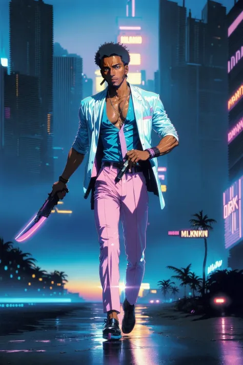 (1990s anime:1.25) of a (black male detective on the beach), wearing a suit, (running, action pose), holding a gun, black beard, white hair, textured skin, pores, (moles:0.7), detailed, lifelike, texture, real, (dusk:1.3), dark theme, neon theme, rainbow theme, (blade runner:1.3) (miami vice:1.4), palm trees, skyscrapers