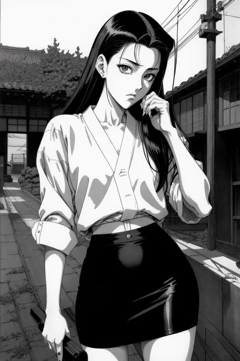 ([(attractive gorgeouswoman:1.2), [1girl::0.1], ((shirt, pencil skirt), masterpiece, magnificent, beautiful:1.2), ([black and white manga pencil|(1990s anime)], best quality:1.5), on a busy street, masterpiece, absurdres, best quality, magnificent, awe-inspiring, sharp contrast, texture, clutter and stuff::0.7]) [(photorealistic:1.3), cinematic lighting, (high detailed skin:1.2),([black and white manga pencil|(1990s anime):1.4)]:0.7] (kawase hasui, basil gogos, flat shading:1.3)