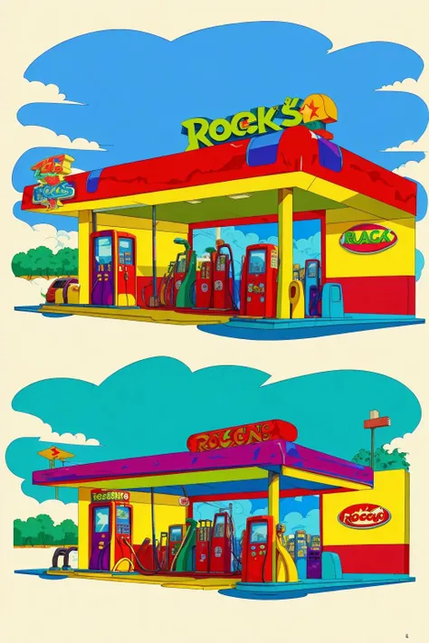 (gas station in the style of Rocko's modern life:1.3), cars, gas pumps, wacky, whimsical, exaggerated proportions, (flat shading:1.2)