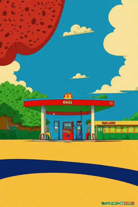 (gas station in the style of Rocko's modern life:1.3), cars, gas pumps, wacky, whimsical, exaggerated proportions, (flat shading:1.2)