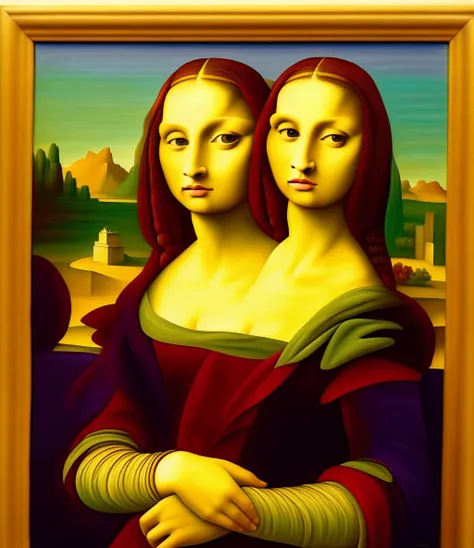 painting of 2heads, woman, standing, white skin, mona lisa <lora:2heads_urpm_LoRA300:1.3>