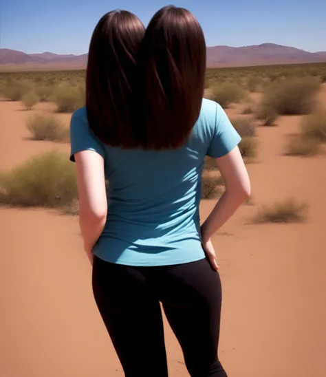 photo of 2heads, woman, standing, from behind, long blonde hair, blue top, black leggings, in a desert <lora:2heads_urpm_LoRA300:1.3>