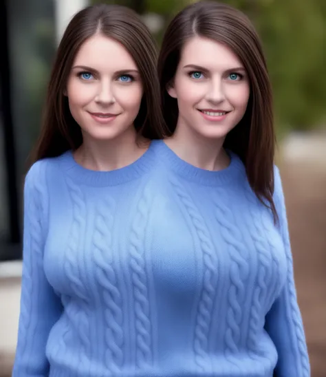 photo of 2heads, woman, close up, posing, white skin, long brown hair, blue sweater, outside  <lora:2heads_urpm_LoRA300:1.2>
