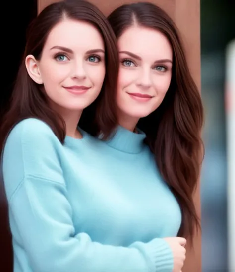 photo of 2heads, woman, close up, posing, white skin, long brown hair, blue sweater, outside  <lora:2heads_urpm_LoRA300:1.2>