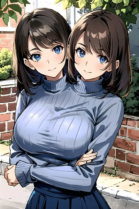 2heads, tribreasts, solo, close up, posing, long brown hair, blue sweater, outside, <lora:twoHeadsLORA_2headsV10:1.25>