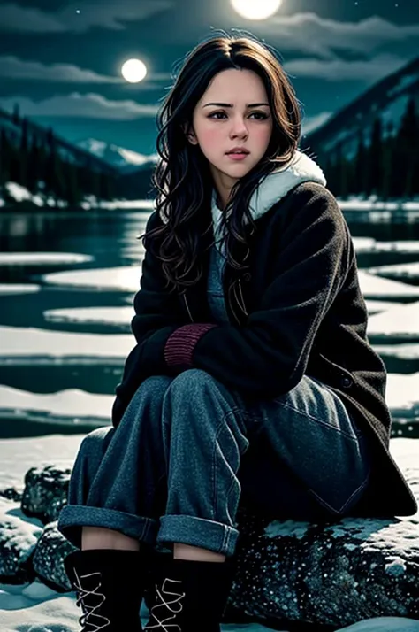 tv_Annet_Mahendru_A_V1,  , sad expression, wearing a winter coat, wearing winter pants, wearing winter boots, sitting on a rock by a frozen mountain lake, midnight, moonlight, shot from the side,,   (((relaxed))), "epic-Ultra-HD-details", "epic-Ultra-HD-highlights",  detailed skin, pores,  PA7_Human-Likeness            <lora:PA7_Beautify2:0,2>