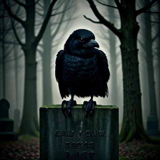 film photography style, a captivating close-up of a scarry black crow on an old weathered broken congrete gravestone in a gothic cemetery in cold autumn, try dead trees in dark grey tones, gothic, old-world charm. 35mm photograph, film grain, shallow depth of field, professional, 4k, highly detailed, diffuse hazy rim lighting, muted colors + crisp + clear, dark & grungy in the style of edgar allan poe and alex timmermans, foggy post-apocalyptic mood, death metal