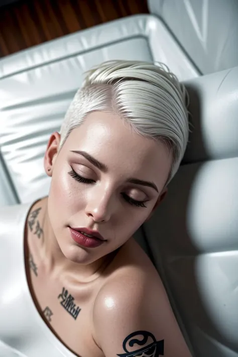 adult cuban woman,
platinum blonde, fade cut hair
coveralls
lipstick
pleasure, relaxed expression, possibly with closed eyes, slight smile
tile floor
__blifi_tattoo__
(high angle, from above, laying down on air mattress:1.2)