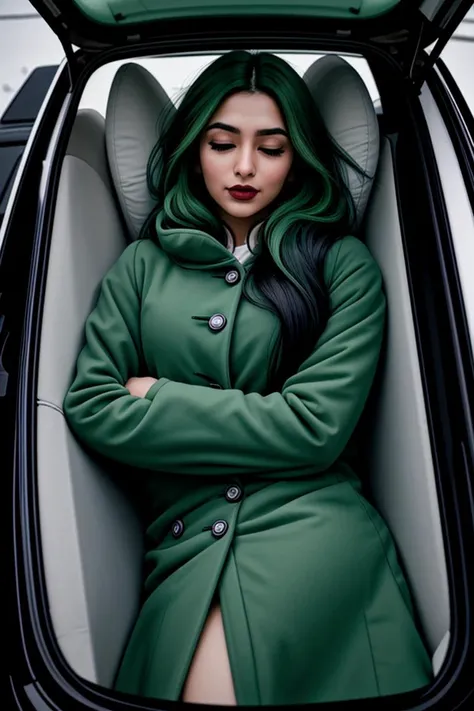 adult pakistani woman,
green hair, long hair
puffy winter coat
smeared lipstick
serene, relaxed expression, soft gaze, possibly with closed eyes
car trunk
__blifi_tattoo__
high angle, from above, laying down