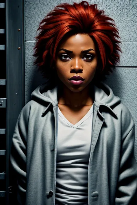 adult african american woman,
redhead, fade cut hair
house coat
smeared makeup
aghast, eyes wide, eyebrows up, mouth open in disgust
jail, jail cell