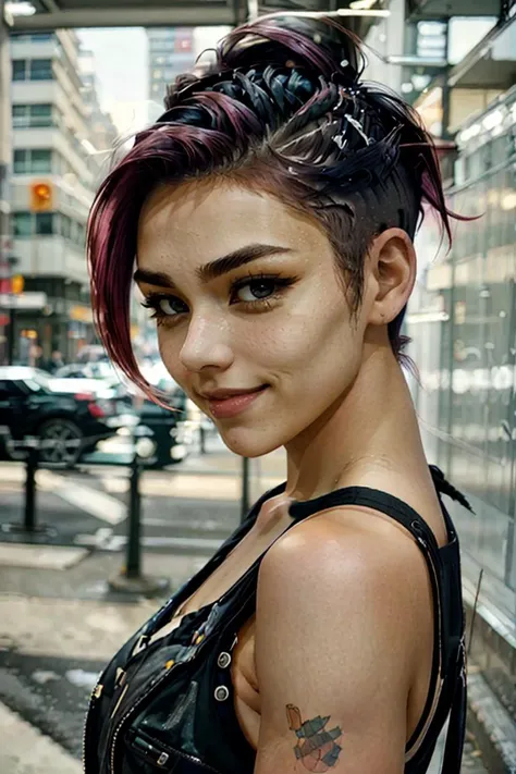 RAW photo, candid, medium-wide shot, WhitDel, smiling, undercut hairstyle, dress, punk fashion, shot on iPhone 13, masterpiece, natural lighting, vibrant colors  <lora:XenoDetailer_v2:0.5> <lora:WhitDel:0.9>