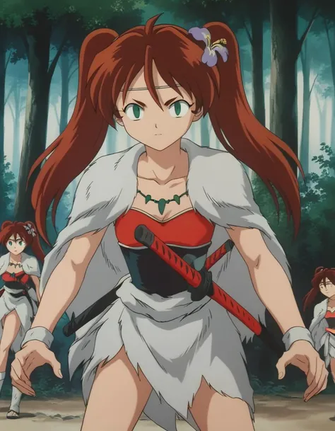 score_9, score_8_up, score_7_up, source_anime,
inuyashaayame, <lora:inuyasha-ayame-ponyxl-lora-nochekaiser:1>,
ayame, long hair, brown hair, hair ornament, twintails, green eyes, flower, red hair, sword, hair flower,
jewelry, necklace, cape, collarbone, fur trim,
outdoors, forest, nature,
looking at viewer, fighting stance,