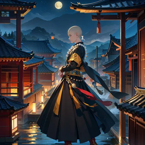 shaolin, solo, 1boy, male focus, full body, beads, jewelry, looking at viewer, long sleeves, black eyes
East Asian architecture,scenery,moon,sky,flying birds,waterfall,outdoors,(Masterpiece, best quality, very detailed CG, complex details: 1.2),
