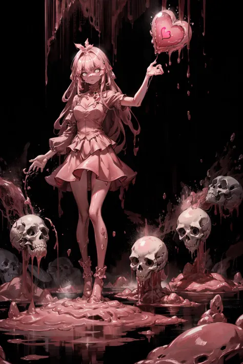 (abstract art,melancholy,afflicted,desperate,suffering,full body shot,Pink slime background,giant pink slime heart floating in the air:1.31415926), scary monster,(bones and skulls soaked in pink slime:1.2),dark pink theme,white theme,meltinglove,(perfect detail white eyes:1.420), monster girl, closed mouth, 1girl,long hair ultra high res, masterpiece, best quality, <lora:add_detail:0.969696> <lora:love:0.696969> <lora:monster:0.114514>
