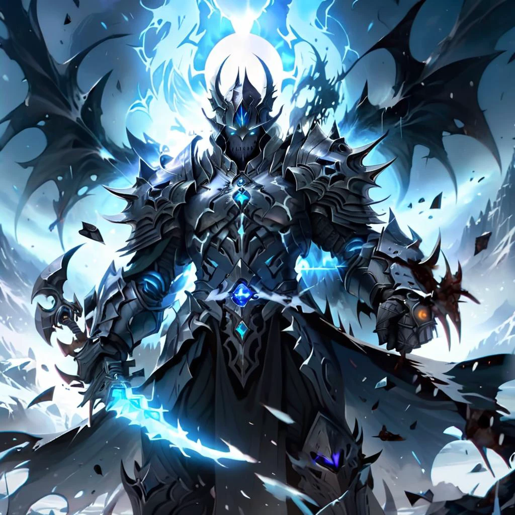 A digital art depiction of a Death Knight from World of Warcraft, eyes glowing with a fierce blue light. Their armor, dark and ominous, is adorned with frost and shards of malevolent energy, emanating an aura of coldness and death. The air around the knight seems to crackle with icy vapors, enhancing the chilling, sinister ambiance. The background is a bleak, frozen landscape that echoes the knightâs formidable presence, creating an overall atmosphere that is both haunting and mesmerizing,<lora:herocoolstyle:0.75>, <lora:cinewow:0.8> cinewow
