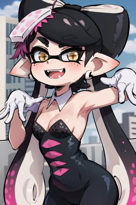 masterpiece, best quality, splatoon, (callie:1.2), cute, city background, urban, waist up, hands pointed down, arms up, solo, tentacle hair, long hair <lora:splatoonall2-000008:1>