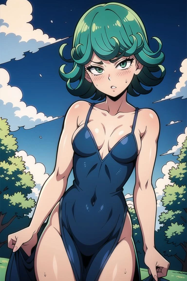 Natural Volumetric Lighting And Best Shadows, Deep Depth Of Field, Sharp Focus,1girl, solo, Terrible_Tornado,looking_at_viewer, blush, short_hair, bangs, green_hair, green_eyes,detailed eyes, collarbone, thighs, small_breasts, outdoors, parted_lips, green_hair, float, cloud, black flowing dress, covered_navel,covered_shouders,covered_breast, cloudy_sky, pelvic_curtain, side_slit, curly_hair, flipped_hair,<lora:TORNADO:1.2>