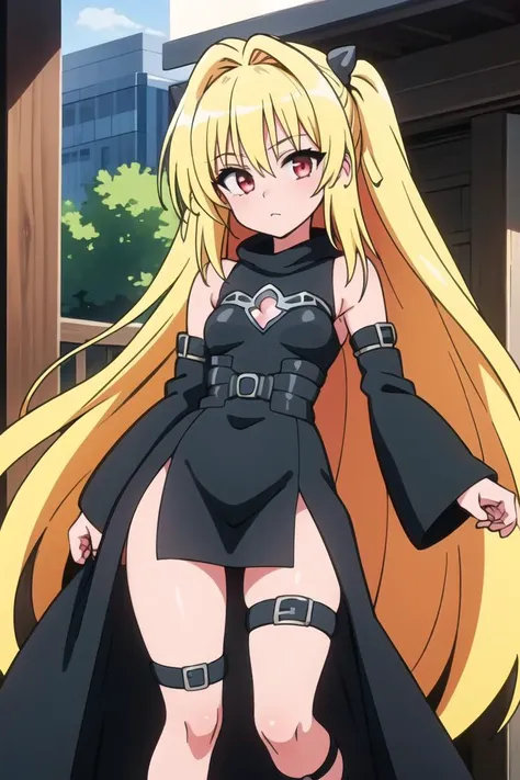 <lora:Gamma:0.8>, ((masterpiece,best quality)), absurdres, (finely detailed beautiful eyes: 1.2), phyami, yaminor, 1girl, solo, blonde hair, long hair, red eyes, thigh strap, very long hair, detached sleeves, black dress, <lora:yami-v1:1.0>,contrapposto