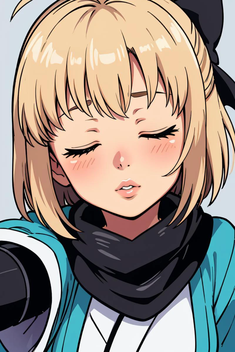 masterpiece, best quality, <lora:OkitaSouji-10:.8> close up, 1girl, incoming kiss, OkitaSouji, closed eyes, lips, arm guards, wide sleeves, bangs, white kimono, shinsengumi, haori, black bow, black scarf, short hair, ahoge, scarf, blonde hair, hairbow, kimono, <lora:incoming_kiss:1>, reaching out,
