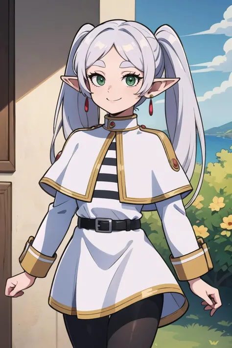 ((masterpiece,best quality)), aafrie, long hair, white hair, twintails, pointy ears, earrings, green eyes, thick eyebrows, white capelet, striped shirt, long sleeves, belt, white skirt, black pantyhose , <lora:frieren_v1:0.7>, cowboy shot,smile,