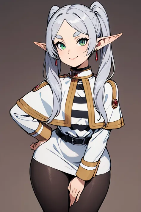 ((masterpiece,best quality)), highres, cute, curvy, eyelashes, leaning forward, upper body, frieren, 1girl, solo, long hair, looking at viewer, smile, bangs, long sleeves, dress, twintails, jewelry, closed mouth, green eyes, grey hair, pantyhose, cowboy shot, earrings, pointy ears, striped, belt, hand on hip, black pantyhose, capelet, thick eyebrows, elf, black belt, white capelet