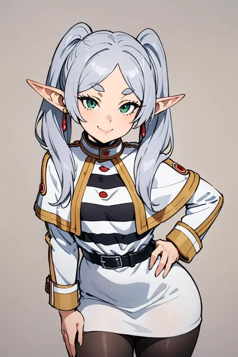 ((masterpiece,best quality)), highres, cute, curvy, eyelashes, leaning forward, upper body, smug, frieren, 1girl, solo, long hair, looking at viewer, smile, bangs, long sleeves, dress, twintails, jewelry, closed mouth, green eyes, grey hair, pantyhose, cowboy shot, earrings, pointy ears, striped, belt, hand on hip, black pantyhose, capelet, thick eyebrows, elf, black belt, white capelet