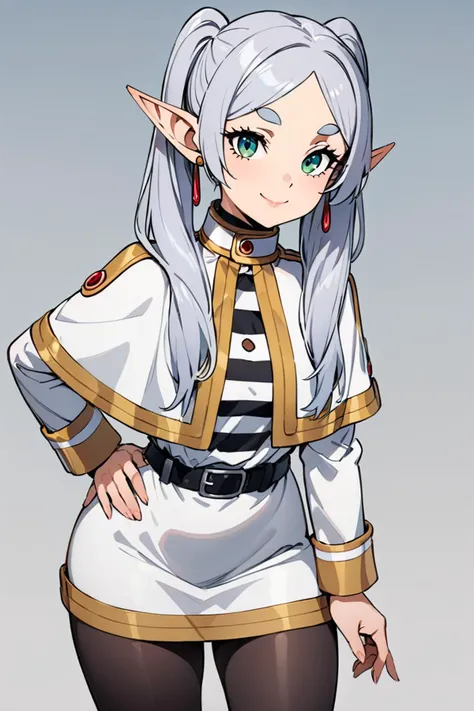 ((masterpiece,best quality)), highres, cute, curvy, eyelashes, leaning forward, upper body, frieren, 1girl, solo, long hair, looking at viewer, smile, bangs, long sleeves, dress, twintails, jewelry, closed mouth, green eyes, grey hair, pantyhose, cowboy shot, earrings, pointy ears, striped, belt, hand on hip, black pantyhose, capelet, thick eyebrows, elf, black belt, white capelet