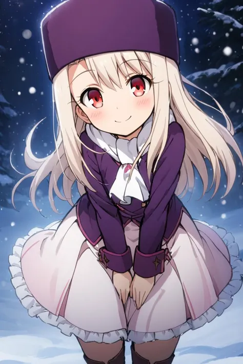 ((masterpiece,best quality)), highres, cute, eyelashes  leaning forward, upper body, head tilt,   illyasviel von einzbern, solo, long hair, red eyes, white hair, skirt, shirt, long sleeves, boots, ascot, white skirt, frilled skirt, purple shirt, hat, boots, scarf, coat, capelet, white scarf, purple headwear, fur hat, papakha,  smile, wide hips,  snow,  night, blush, bokeh, luminescent background  <lora:illyasviel_von_einzbern-sdxl-nochekaiser-000008:0.8>,