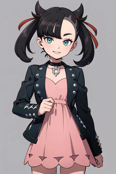 ((masterpiece,best quality)), absurdres, <lora:marnie_v1:0.7>, hmmarnie, aqua eyes, black choker, red ribbon, pink dress, jewelry, black jacket, open clothes, long sleeves, solo, smiling, looking at viewer, cowboy shot, ,