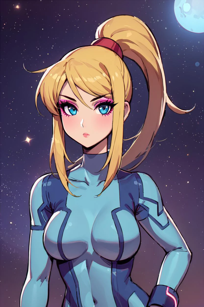 ((masterpiece,best quality)), highres, cute, eyelashes defsamus, solo, blonde hair, bodysuit, blue clothes, blue pants, upper body, looking at viewer, expressionless, outer space, makeup, night, eyeshadow, pink lips, blush, bokeh, luminescent background <lora:samus-xl-nvwls-v1:1>,