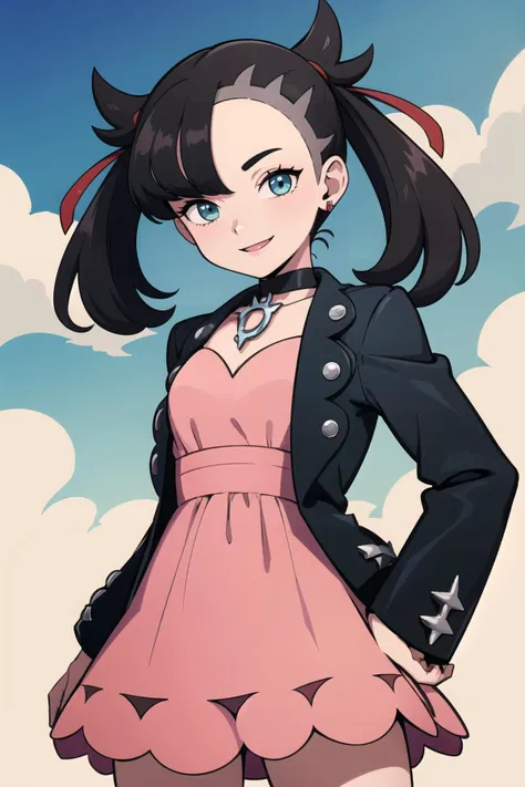 ((masterpiece,best quality)), absurdres, <lora:marnie_v1:0.7>, hmmarnie, aqua eyes, black choker, red ribbon, pink dress, jewelry, black jacket, open clothes, long sleeves, solo, smiling, looking at viewer, cowboy shot, ,