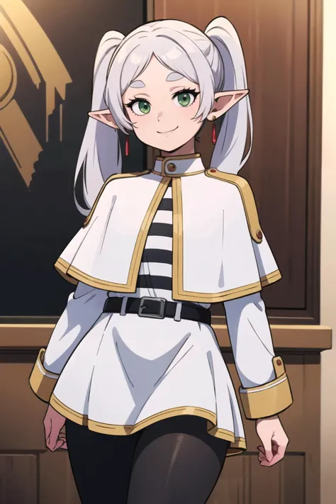 ((masterpiece,best quality)), aafrie, long hair, white hair, twintails, pointy ears, earrings, green eyes, thick eyebrows, white capelet, striped shirt, long sleeves, belt, white skirt, black pantyhose , <lora:frieren_v1:0.7>, cowboy shot,smile,