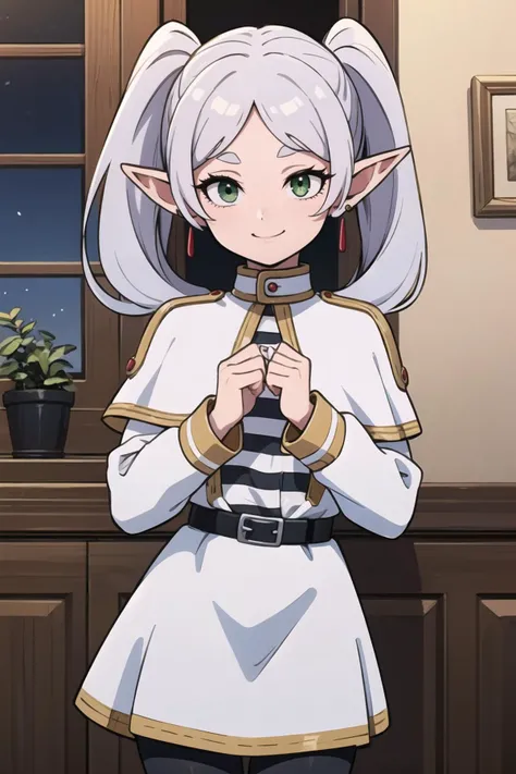 ((masterpiece,best quality)), aafrie, long hair, white hair, twintails, pointy ears, earrings, green eyes, thick eyebrows, white capelet, striped shirt, long sleeves, belt, white skirt, black pantyhose , <lora:frieren_v1:0.7>, cowboy shot,smile,
