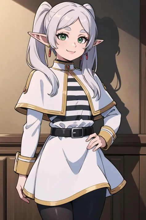 ((masterpiece,best quality)), aafrie, long hair, white hair, twintails, pointy ears, earrings, green eyes, thick eyebrows, white capelet, striped shirt, long sleeves, belt, white skirt, black pantyhose , <lora:frieren_v1:0.7>, cowboy shot,smile,