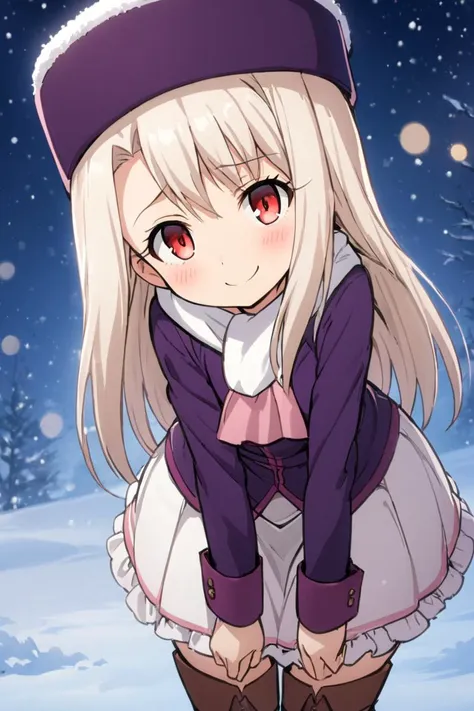 ((masterpiece,best quality)), highres, cute, eyelashes  leaning forward, upper body, head tilt, raised eyebrow,  illyasviel von einzbern, solo, long hair, red eyes, white hair, skirt, shirt, long sleeves, boots, ascot, white skirt, frilled skirt, purple shirt, hat, boots, scarf, coat, capelet, white scarf, purple headwear, fur hat, papakha,  smile, wide hips,  snow,  night, blush, bokeh, luminescent background  <lora:illyasviel_von_einzbern-sdxl-nochekaiser-000008:0.8>,