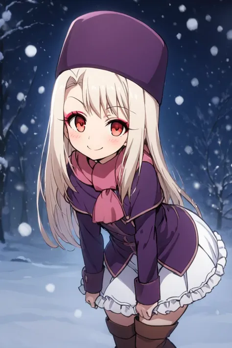 ((masterpiece,best quality)), highres, cute, eyelashes  leaning forward, upper body, head tilt, raised eyebrow,  illyasviel von einzbern, long hair, red eyes, white hair, skirt, shirt, long sleeves, boots, ascot, white skirt, frilled skirt, purple shirt, hat, boots, scarf, coat, capelet, white scarf, purple headwear, fur hat, papakha,  smile, wide hips,  snow,   makeup, night, eyeshadow, pink lips, blush, bokeh, luminescent background  <lora:illyasviel_von_einzbern-sdxl-nochekaiser-000008:0.8>,