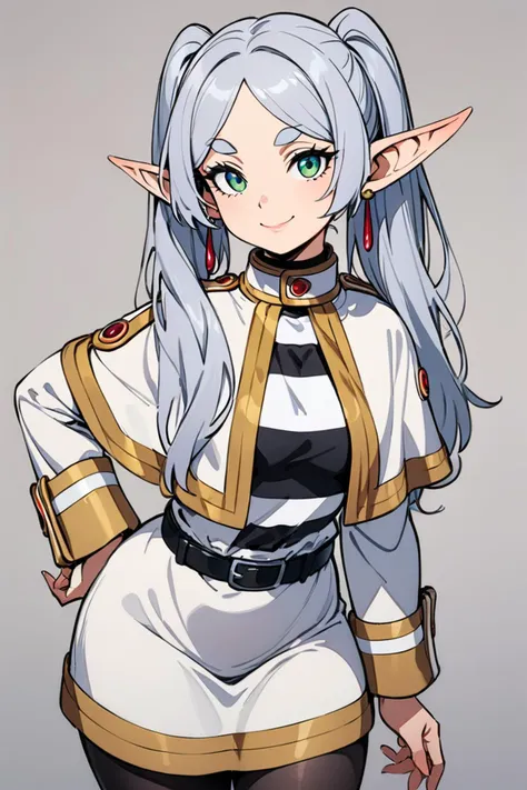 ((masterpiece,best quality)), highres, cute, curvy, eyelashes, leaning forward, upper body, frieren, 1girl, solo, long hair, looking at viewer, smile, bangs, long sleeves, dress, twintails, jewelry, closed mouth, green eyes, grey hair, pantyhose, cowboy shot, earrings, pointy ears, striped, belt, hand on hip, black pantyhose, capelet, thick eyebrows, elf, black belt, white capelet