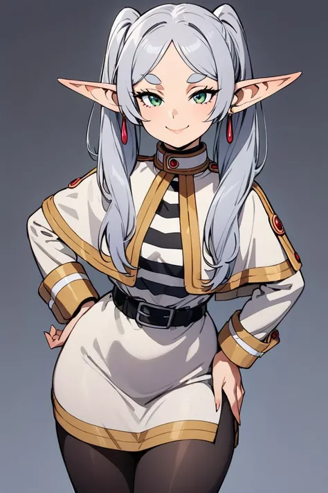 ((masterpiece,best quality)), highres, cute, curvy, eyelashes, leaning forward, upper body, smug, frieren, 1girl, solo, long hair, looking at viewer, smile, bangs, long sleeves, dress, twintails, jewelry, closed mouth, green eyes, grey hair, pantyhose, cowboy shot, earrings, pointy ears, striped, belt, hand on hip, black pantyhose, capelet, thick eyebrows, elf, black belt, white capelet