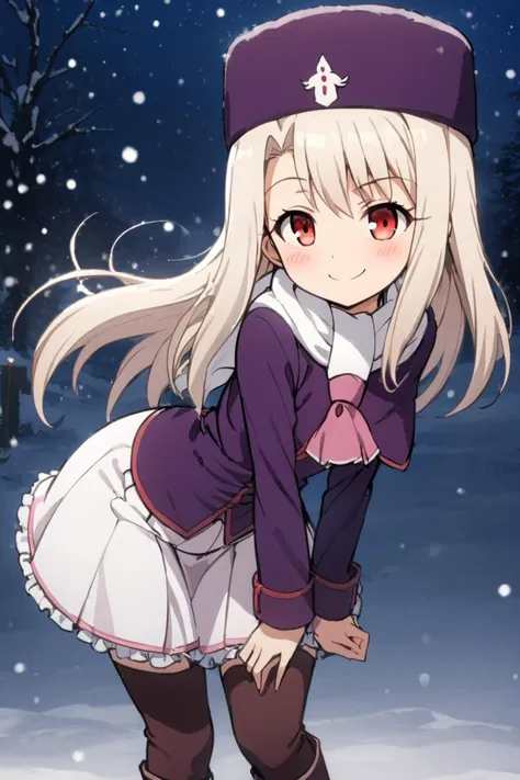 ((masterpiece,best quality)), highres, cute, eyelashes  leaning forward, upper body, head tilt, raised eyebrow,  illyasviel von einzbern, solo, long hair, red eyes, white hair, skirt, shirt, long sleeves, boots, ascot, white skirt, frilled skirt, purple shirt, hat, boots, scarf, coat, capelet, white scarf, purple headwear, fur hat, papakha,  smile, wide hips,  snow,  night, blush, bokeh, luminescent background  <lora:illyasviel_von_einzbern-sdxl-nochekaiser-000008:0.8>,